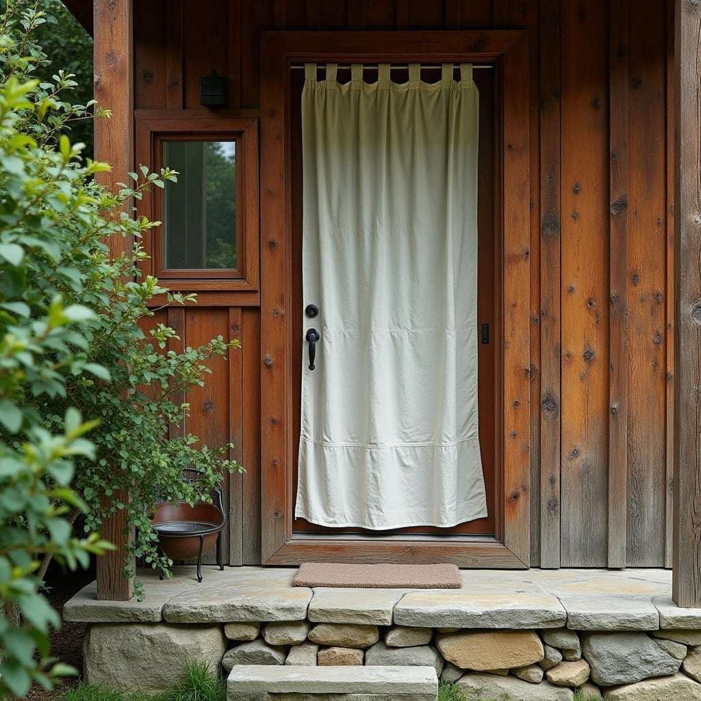 Detailed photo of a wooden cabin wall with natural textures, stone base, linen curtain, and surrounding greenery, palette includes #E6F5F1 and soft wood tones, captured in ambient daylight with DSLR quality.